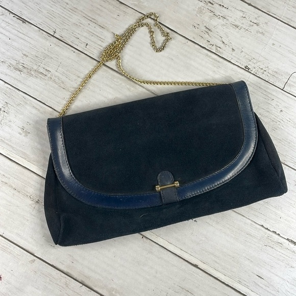 Vintage Faigen Australia Blue Suede Envelope Shoulder Bag w/Chain Strap - Picture 1 of 9